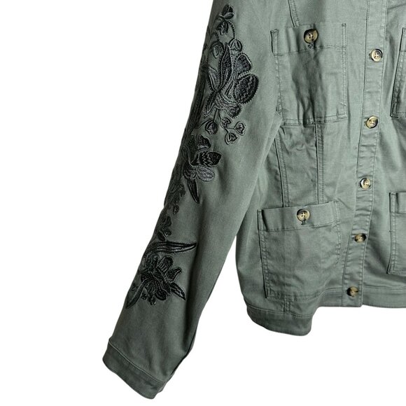 Soft Surroundings Womens Medium Green Embroidered Button Utility Jacket Pocket - Picture 6 of 11
